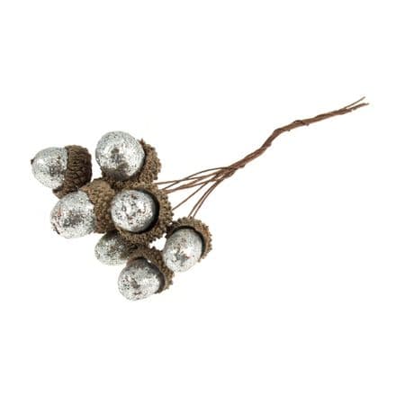 (Silver) Glitter Acorns on a Wire (Bunch of 8) - 32mm