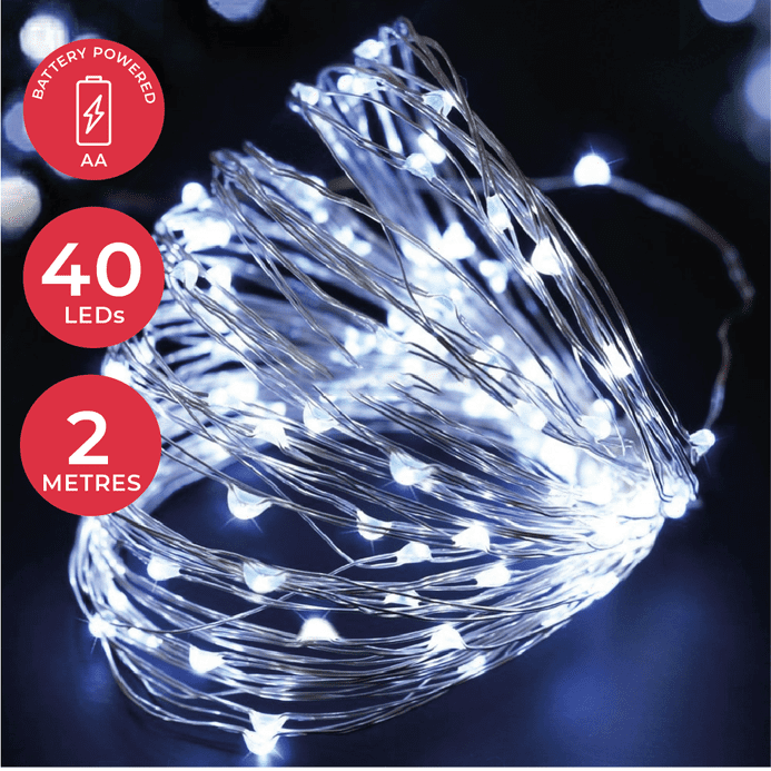 LED  Bright White -String Chain Fairy Lights - Silver Wire -  40 Micro LEDs  2mtr length