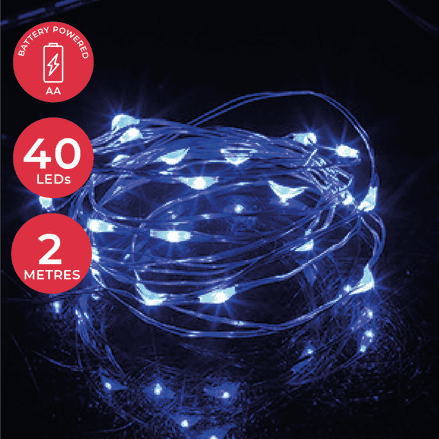 LED  String Chain Fairy Lights  BLUE with Silver Wire - 40 Micro LEDs  2mtr length