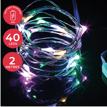 LED  String Chain Fairy Lights  MULTICOLOUR with Silver Wire - 40 Micro LEDs  2mtr length