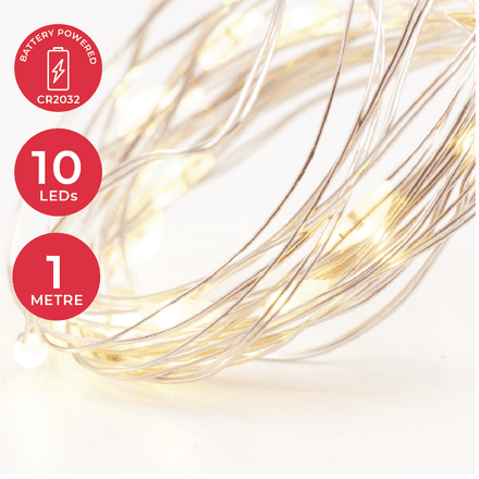 LED  String Chain Fairy Lights + Silver Wire-  10 Micro LEDs - 1mtr /CR2032