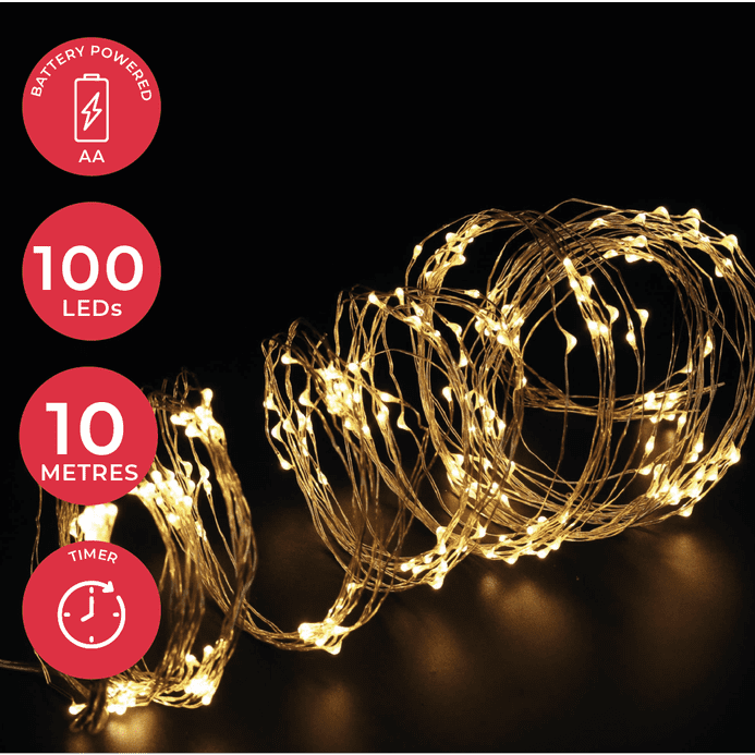 LED  String Chain Fairy Lights with Silver Wire - 100 Micro LEDs  10mtr length  Plus TIMER