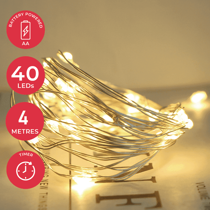 LED  String Chain Fairy Lights with Silver Wire - 40 Micro LEDs  4mtr length  Plus TIMER