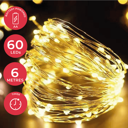 LED  String Chain Fairy Lights with Silver Wire -  60 Micro LEDs  6mtr length  Plus TIMER