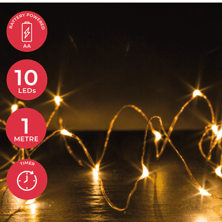 LED  String Chain Fairy Lights with Silver Wire  with 10 Micro LEDs 1mtr length  Plus TIMER