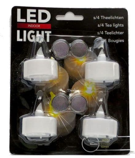 LED Tea Lights - Battery powered Flame-less - With Timer Function - 4 Pack