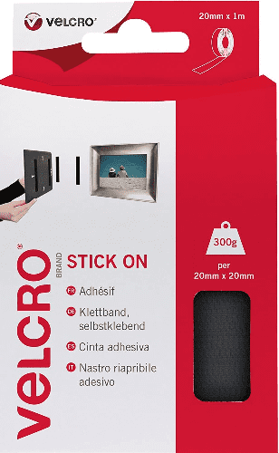 Velcro Hook & Loop Tape: Stick-On: 1m x 20mm Black - V60211