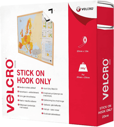 Velcro Hook Only Tape: Stick-On: 10m x 20mm: White - V60223